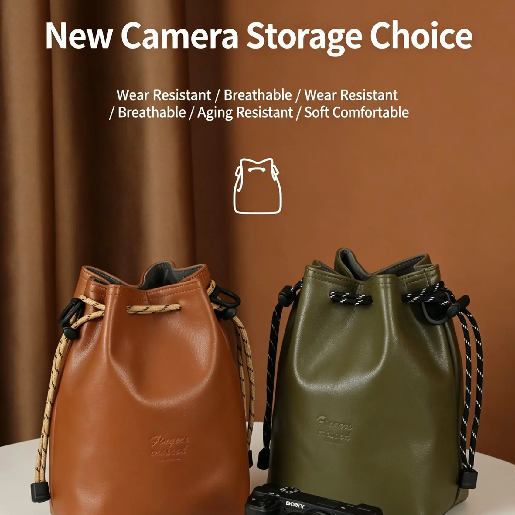 Waterproof Faux Leather Drawstring Camera Pouch, Soft Shock Absorbing Lens Storage Bag With Free Divider, Detachable Crossbody Strap Portable Protective Sack For Mirrorless Camera Outdoor Travel Daily Carry