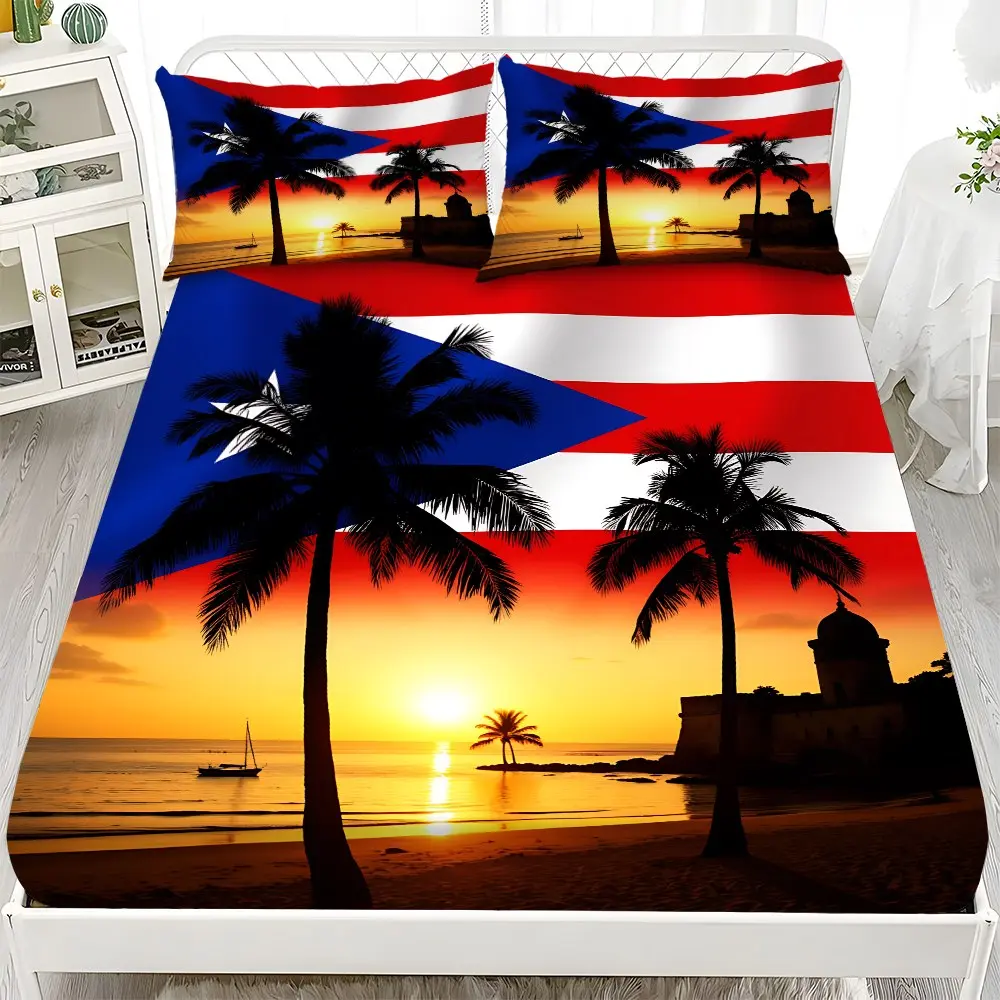 Bedding Set 3-Piece 2D Flat Puerto Rico Coconut Sunset Pattern Mattress Protector Set (1*Fitted Sheet + 2*Pillowcases, no filling), Soft Comfortable Decorative Bedding Set, Skin-friendly and Breathable Bed Sheets, Suitable for Bedroom and Guest Room Use