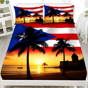 Bedding Set 3-Piece 2D Flat Puerto Rico Coconut Sunset Pattern Mattress Protector Set (1*Fitted Sheet + 2*Pillowcases, no filling), Soft Comfortable Decorative Bedding Set, Skin-friendly and Breathable Bed Sheets, Suitable for Bedroom and Guest Room Use