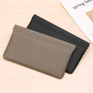 GERUOLA Simple Style Genuine Leather Long Wallet with Self-Closing Function, Passport Driver's License ID Card Slots, Earphone Cable Storage Bag, Father's Day Gift Makeup Bag