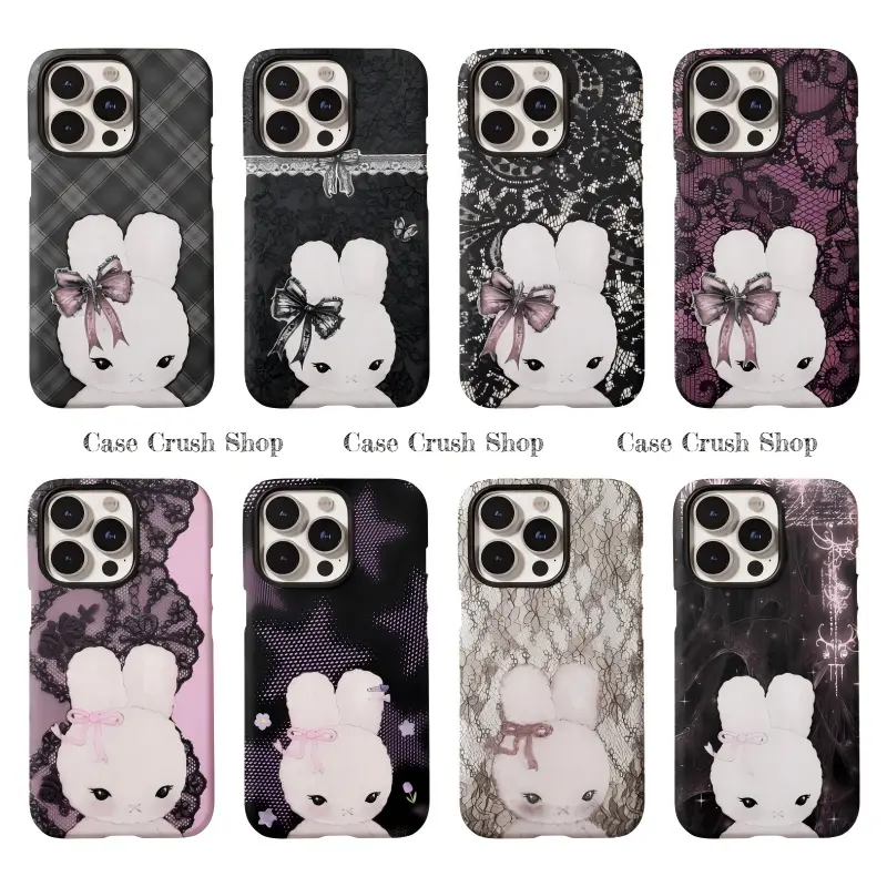 Cute Bunny with A Bow INS Y2K Gothic Aesthetic Rabbit Phone Cases For iPhone 17 16 15 14 13 12 11 Promax Pro Air Plus Glossy 2-IN-1 Shockproof Cover Protection Gifts For Christmas Halloween Birthday