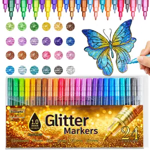 Glitter Markers Pen, 24 Glitter Colors Paint Pens Sparkly Metallic Shimmer Acrylic Marker Fine Point Tip 1mm Water-based Ink for Adults DIY Crafts Greeting Birthday Cards, Acrylic Marker Set