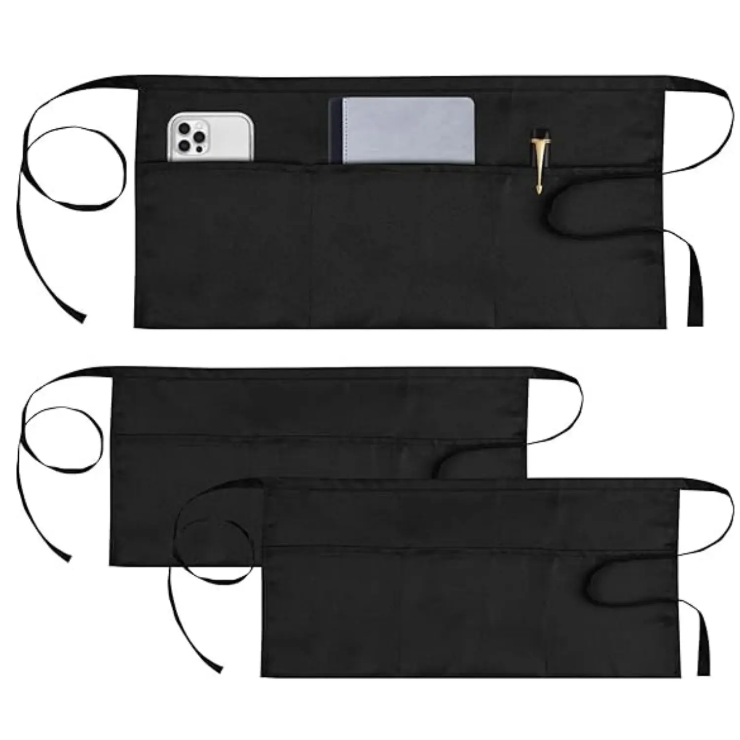 Black 3-Pack Server Waist Aprons (100% Polyester, 11.5in) - Lightweight, Comfortable, Waterdrop-Resistant Kitchen Workwear with Adjustable Tie Straps, 3 Front Pockets, Machine Washable, Shrink-Resistant for Waitstaff (Home Improvement Building Supplies)