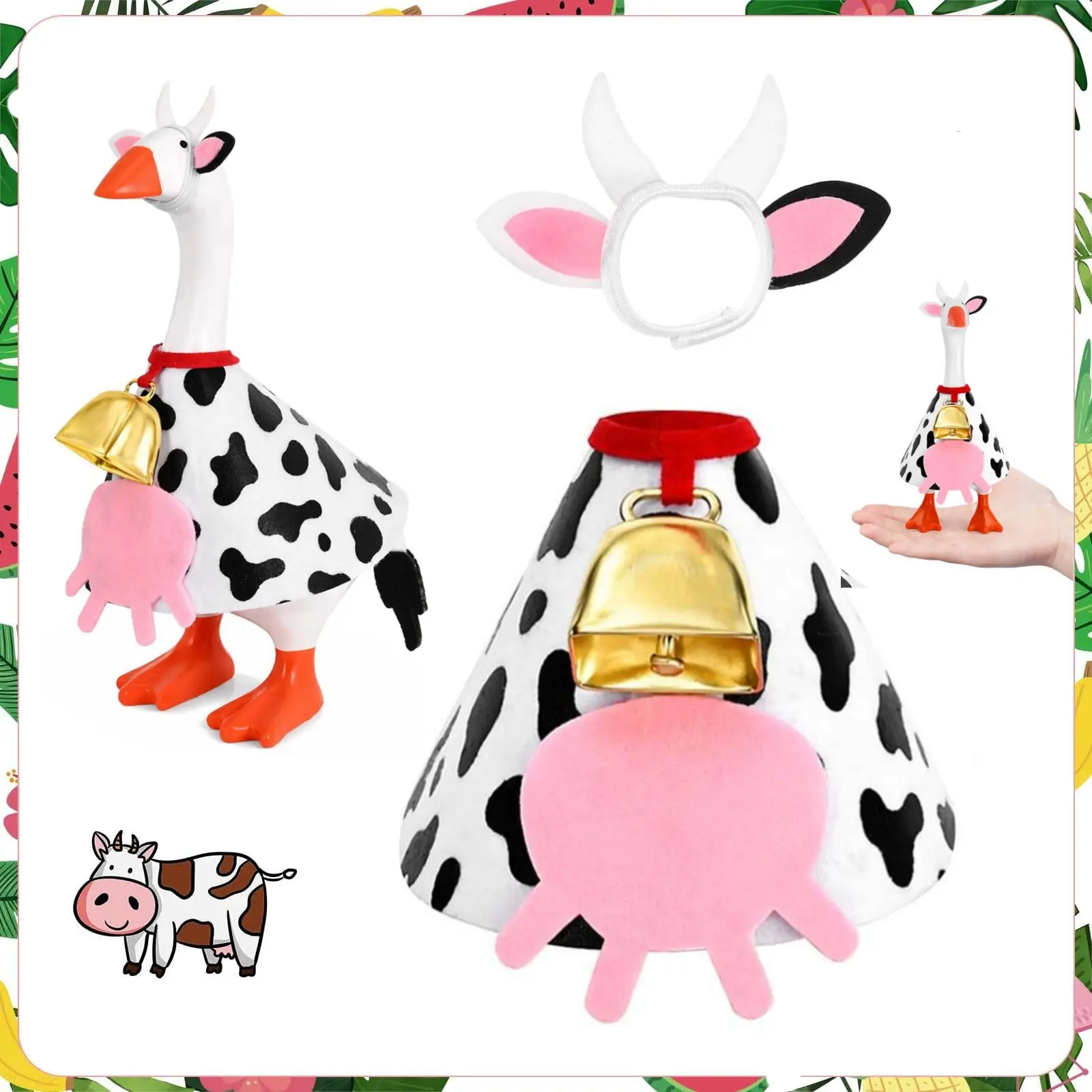 Cow Themed Goose Accessory Costume Set Dairy Cow Outfit With Horn Headband Golden Bell and Plush Decor Holiday DIY Decor Accessories For Desktop Goose Figurine Tiered‑Tray Tabletop Ornament Supplies and Festival Gift
