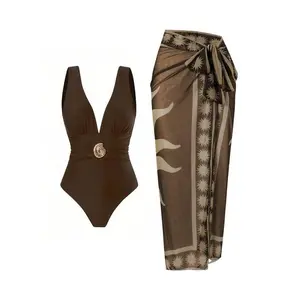 SwimOasis2pcs/SetWomen'sSolidBrownSwimsuitWithMeshPrintedBeachCoverUpDress,CasualResortSwimwearSet