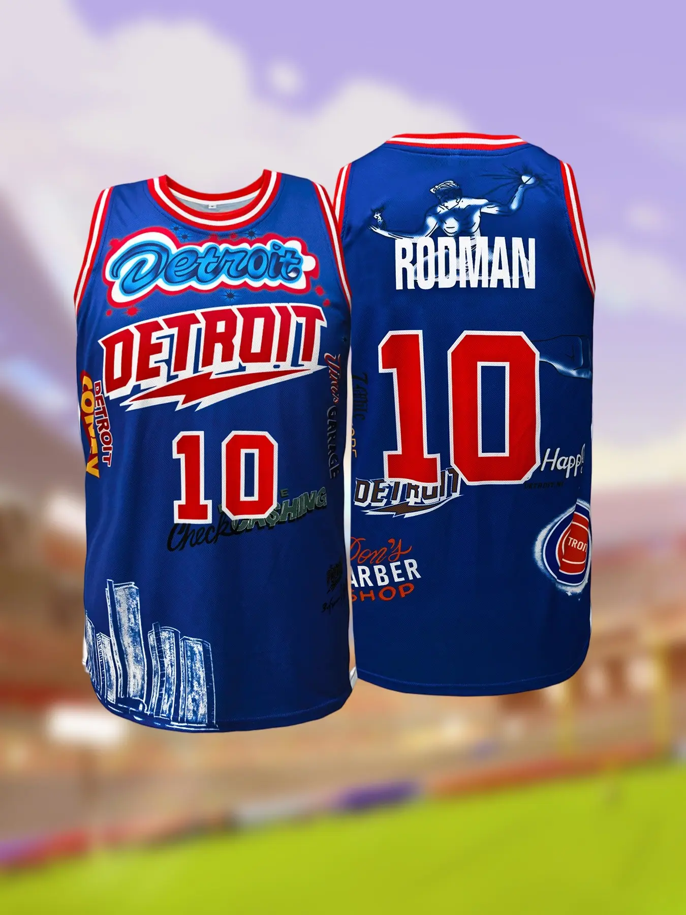 Vintage Detroit Basketball Jersey, Sports Style Jersey, Blue Graffiti City Graphic Sleeveless Top, Breathable Sports Top, Unisex Streetwear Uniform for Game Day & Casual Wear, Athletic Activewear