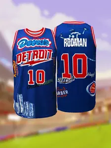 Vintage Detroit Basketball Jersey, Blue Graffiti City Graphic Sleeveless Top, Unisex Streetwear Uniform for Game Day & Casual Wear, Athletic Activewear