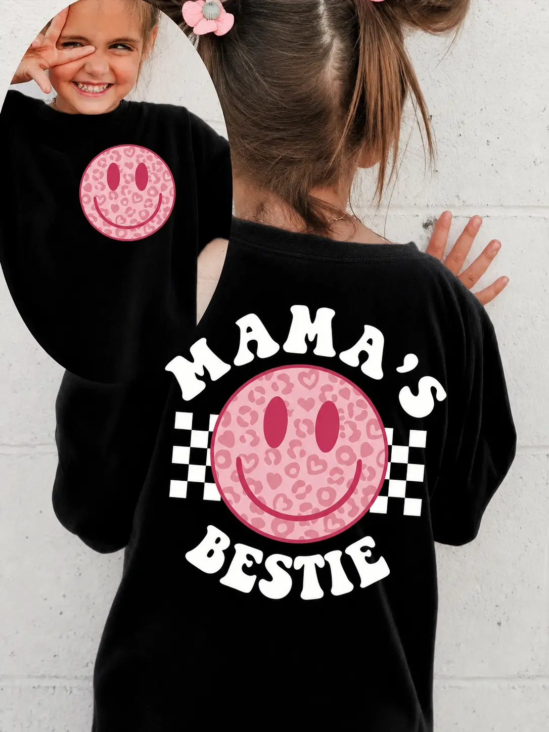 PUEMCO Mama's Bestie Girls Double Sided T-Shirt Pink Heart Leopard Smiley Face Checkerboard Retro Bubble Letter Cotton Black Toddler Kids Short Sleeve Tee