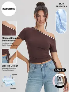 Katch Me Chic Women's Casual Sequin Sloping Shoulder Side Drawstring Flattering Top, Breathable Pill-Resistant Stretch Going Out Outfit, Versatile Short Sleeve Summer Tops