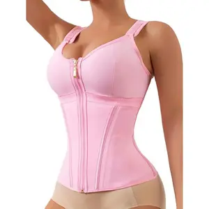 Pink Adjustable Waist Trainer Corset for Women Tummy Control Sport Workout Colombian Shaper with Zipper Wireless Bras Push Up Basic Compression Shapewear