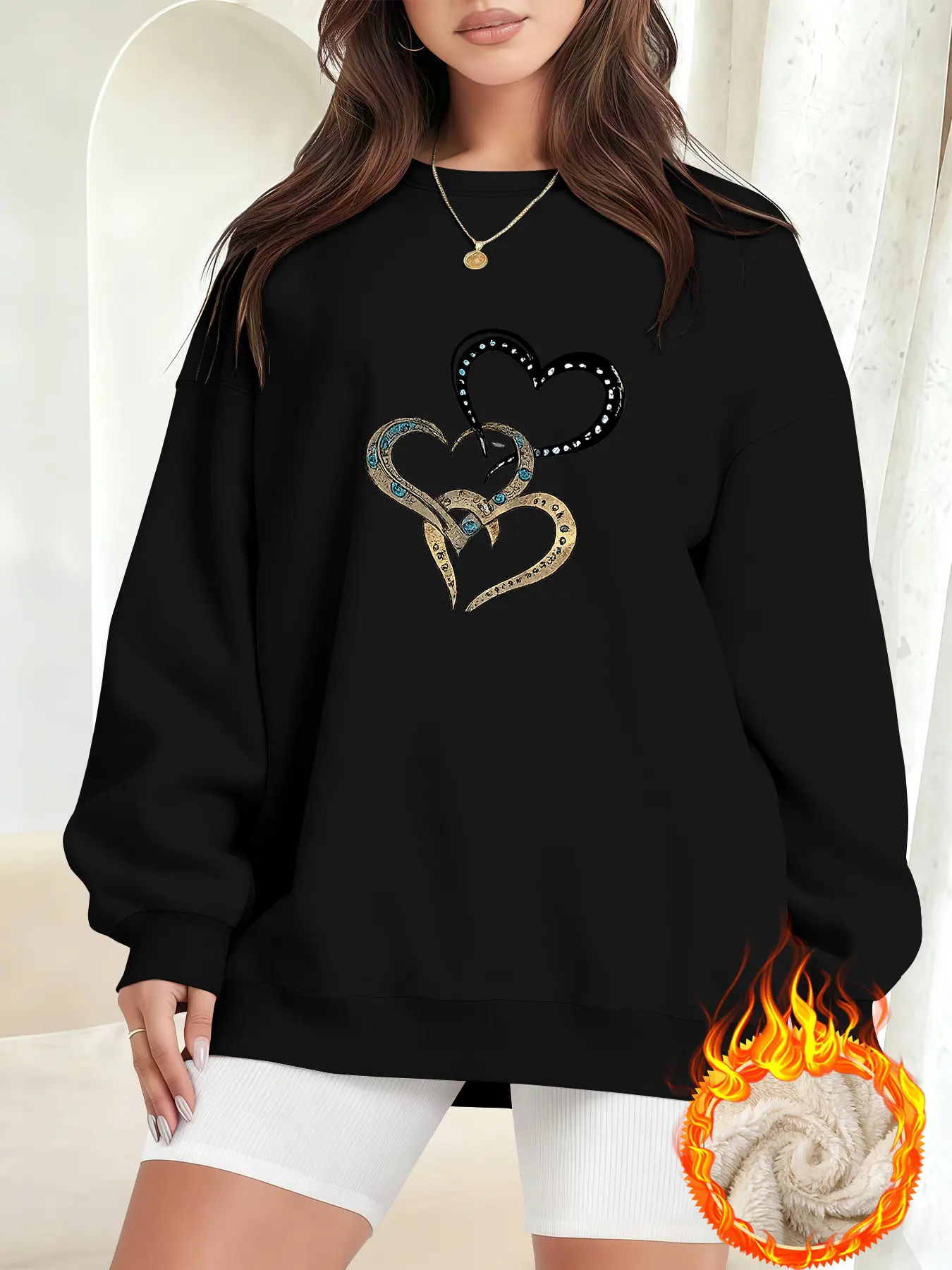Plus Size Lamb Fleece Sweatshirt, Round Neck Heart Pattern Print, Unique Style Design, Breathable Fleece, Fall & Winter Casual Top