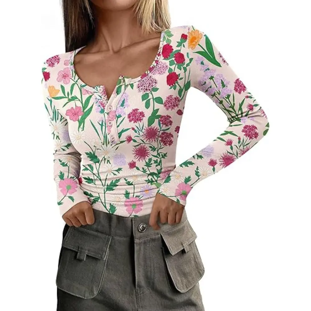 PRETTYGARDEN Women's Fall Long Sleeve Henley T Shirts Button Ribbed Knit Slim Fit Basic Tops Blouse Casual Outfits