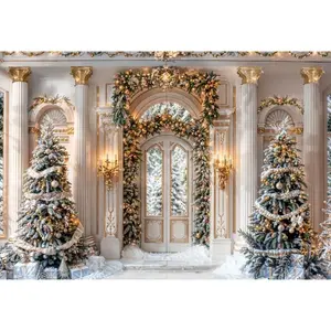 Christmas Tree Backdrop European Palace Style Polyester Fabric Photography Background Wrinkle Resistant HD Print Holiday Party Decor Photo Booth