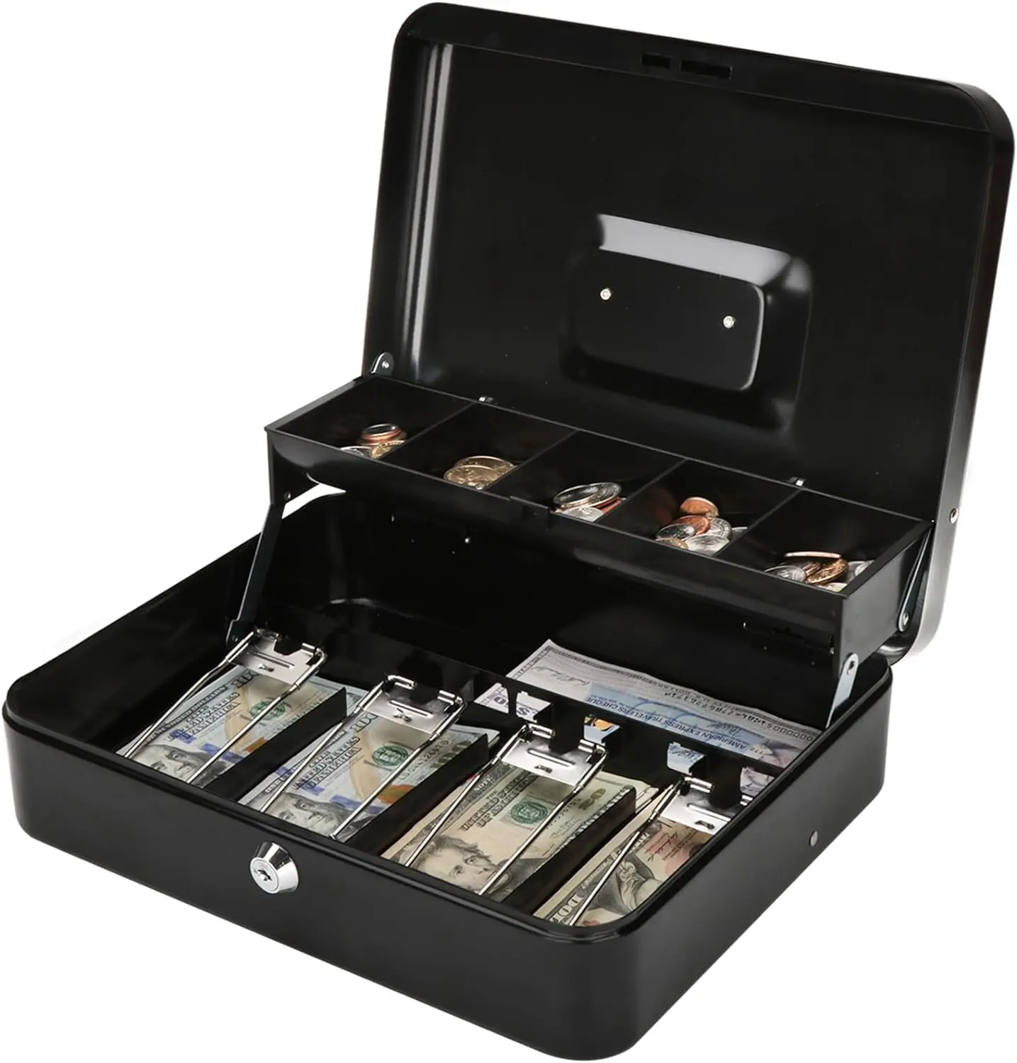 Locking Cash Box with Lock,Money Box with Cash Tray,Lock Safe Box with Key,Money Saving Organizer,11.81Lx 9.45Wx 3.54H Inches,Black XL Large Coin Box Coin Box Anti Theft Safes Anti Theft Safes