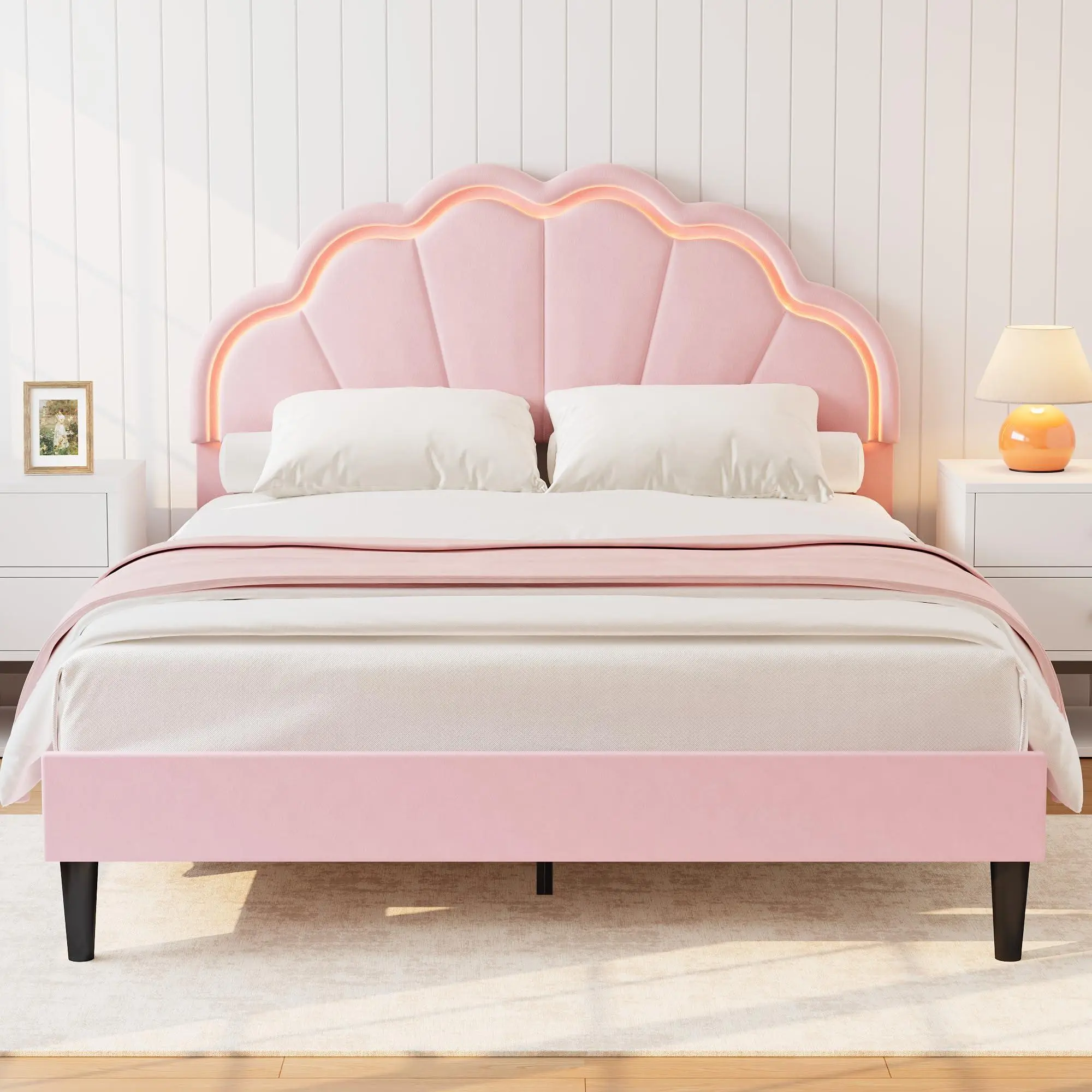 Queen Velvet Platform Bed Frame with Adjustable Seashell Headboard, LED Lights, Under-Bed Storage, No Box Spring Needed, Blush Pink