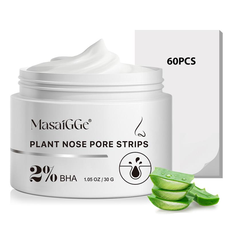 Masaigge Plant Nose Pore Strips 60pcs & Nose Cleansing Mud Mask 30g, Contains 2% Salicylic Acid, Deep Cleaning, Brighten Skin