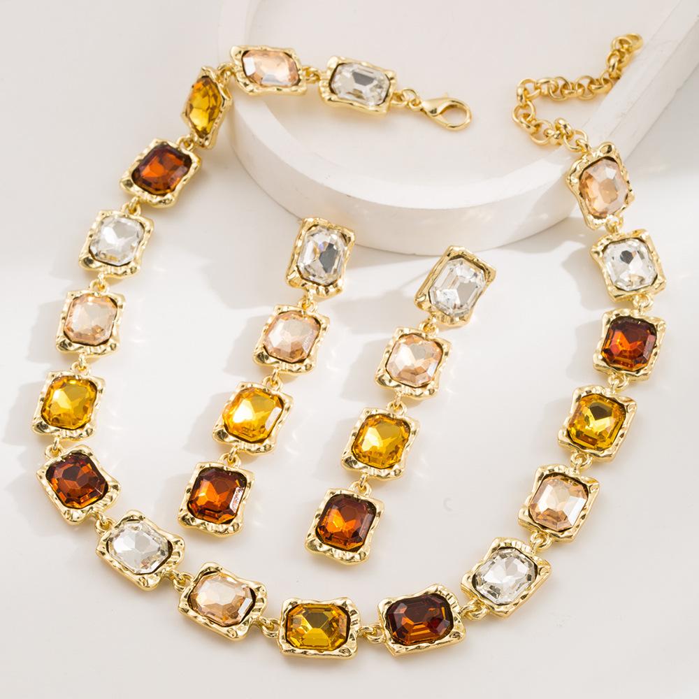 French Vintage Colorful Crystal Geometric Necklace Earrings Set, Luxury Palace Style Gemstone Clavicle Chain Jewelry for Women French Vintage Colorful Crystal Geometric Necklace Earrings Set, Luxury Palace Style Gemstone Clavicle Chain Jewelry for Women