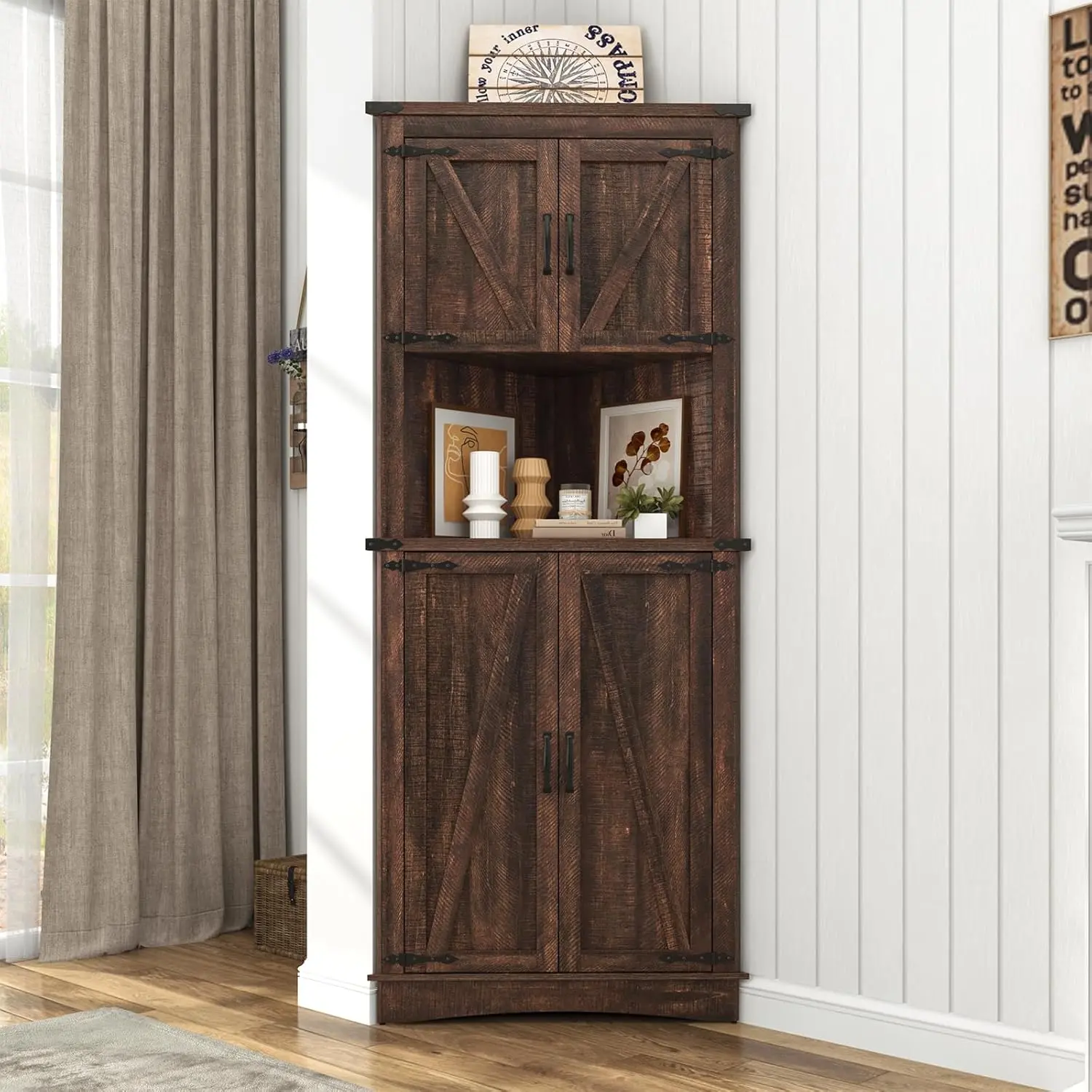 Farmhouse Cupboard Corner Cabinet, 5-Tier Tall Storage Cabinet with Barn Doors & Adjustable Shelves, Corner Storage Cabinet for Living Room, Kitchen, Bathroom, Rustic White/ Brown/Black
