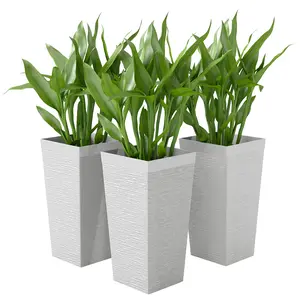 3-Piece 22.8 in Stackable Tapered Outdoor Planters - White Stone Finish, with Wheels, Drainage Hole, Garden Flower Pots for Home Improvement