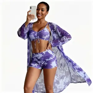 Cute Purple Tie-Dye Swimsuit Set - Perfect for Summer Vacay & Pool Days Modest & Stylish 3-Piece Swimwear - Ruched Tankini with Sheer Kimono suit beach bathing