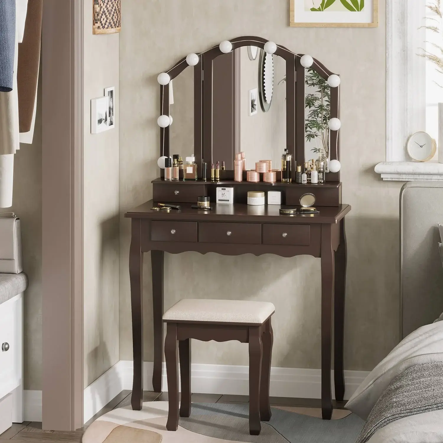 SIKAIC Makeup Vanity Set - Wooden Vanity Table with 10 LED Light Bulbs, Adjustable Lighted Extensible Mirror, Stool, 5-Drawer for Bedroom