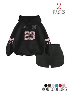 Women's Fall Winter Hooded Drawstring Sweatshirt Set, Sweat Suit, Sweatsuit Outfits, Fashion Simple Design with Tree Print, Pocket Hoodie & Gym Shorts, 2 Piece