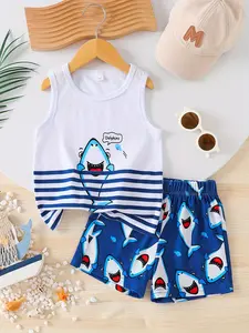 Summer Whale Print Round Neck Tank Top and Shorts Set, Boys' Casual Cartoon, Ideal for Outdoor Wear, Kids' Fashion Ensemble