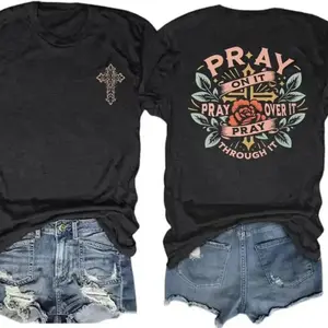 Retro Christian Jesus Faith T Shirts for Women Cross Pray Floral Printed Short Sleeve Inspirational Bible Verse Tee Tops