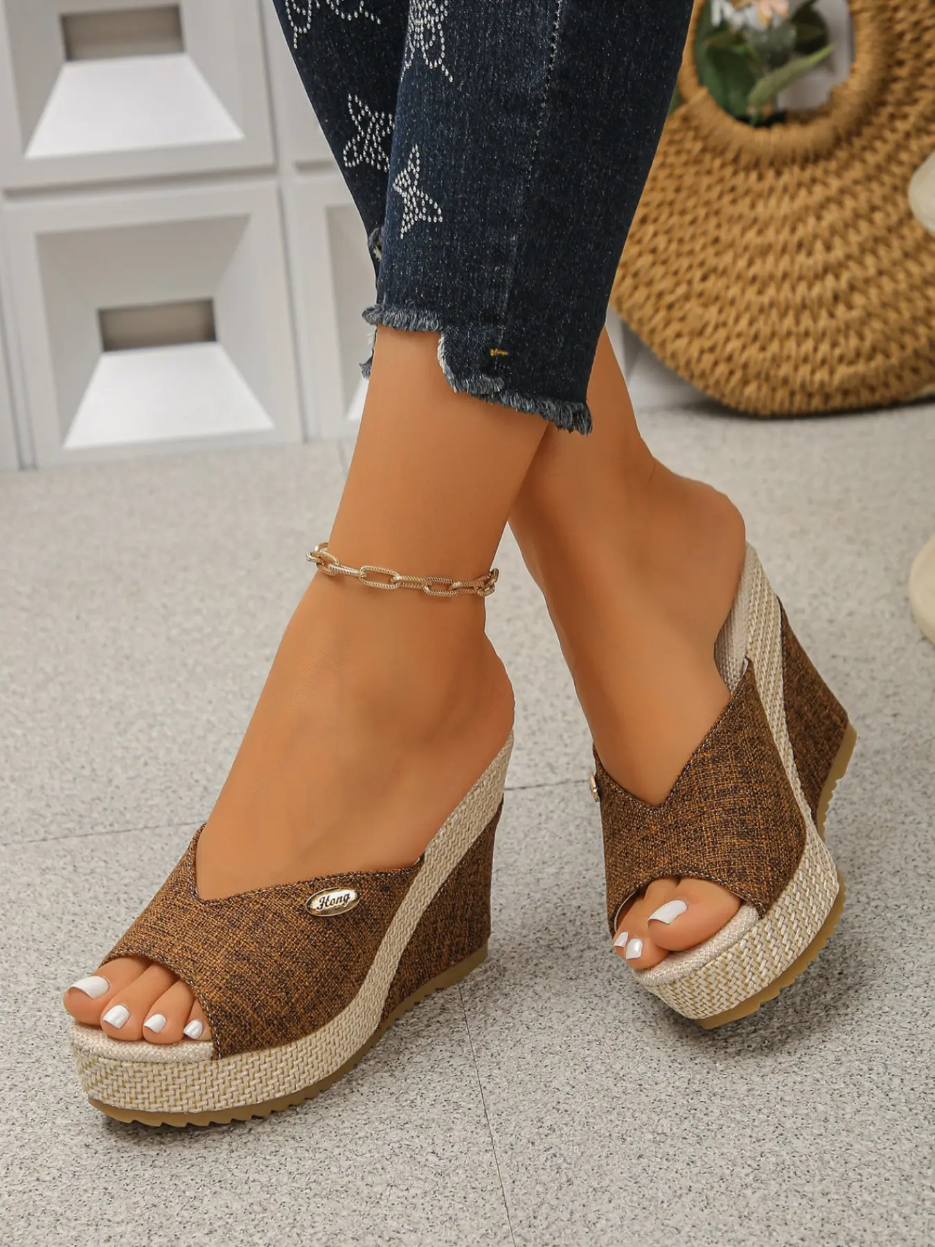 Women's Linen Open-Toe Straw Wedge Sandals, Summer Casual Slip-On Thick Sole High Heels, Comfortable Lightweight Daily Wear, Trendy Beach Shoes, Footwear For Beach