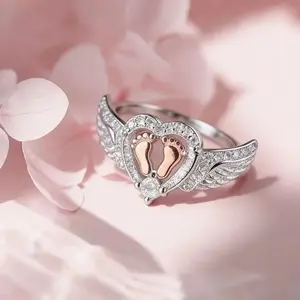 Mommy of an Angel Sterling Silver Ring, Exquisite Angel Wing & Heart Footprint Design, Meaningful Memorial Jewelry for Women, Sentimental Remembrance Band, Perfect Gift for Mother's Birthday, Christmas and Angel Baby Memory Keepsake