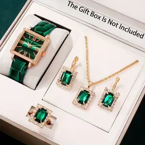 Green Square Quartz Watch 5 Pcs with PU Leather Strap, Zinc Alloy Dial & Rhinestone Earrings for Mom & Friends Zirconia Jewelry Set