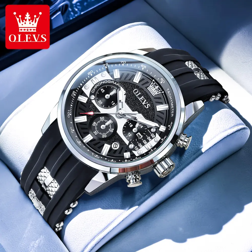 OLEVS 3690 Men's 40mm Chronograph Athletic Round Jet-Black Self-Luminous Quartz Sport Watch - Tachymeter, 30M Waterproof, Silicone Strap Wristwatch, Athletic Quartz Watches, Chronograph Quartz Watches