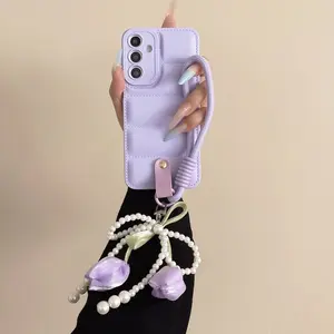 Phone Case For Samsung A17 A07 A26 A36 A56 A54 A55 A06 A16 A05s A14 A15 A34 A35 A53 5G Solid Color Down Jacket Cover With Tulip Pearl Hand Strap