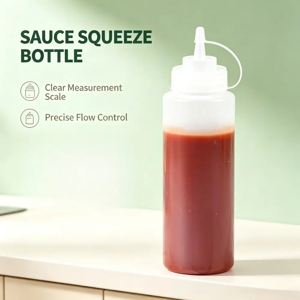 3/5pcs plastic squeeze sauce bottle with flip scale transparent seasoning squeeze bottle, suitable for kitchen cooking, baking, picnic food storage, squeeze container for tomato sauce, mustard, salad dressing, etc