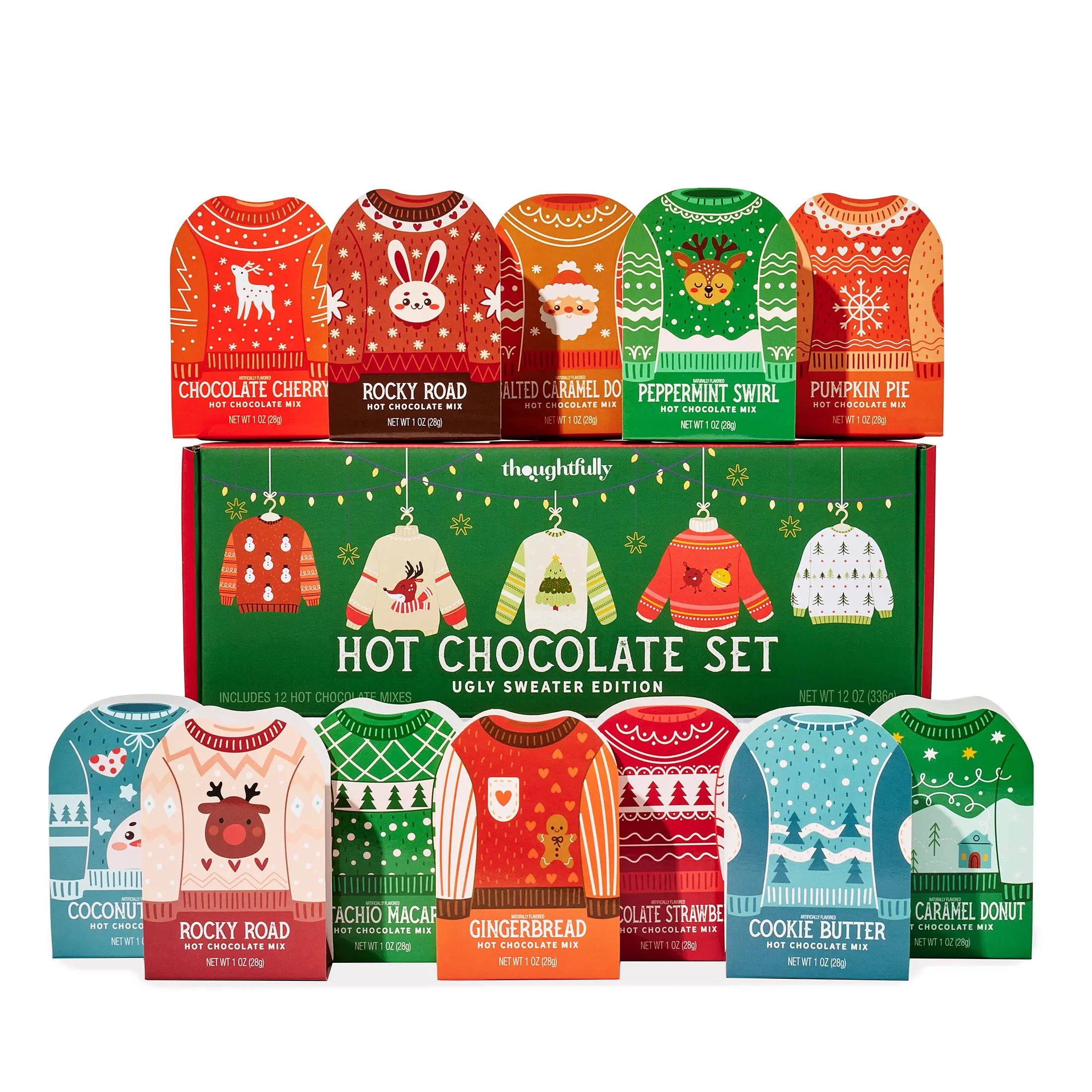 Thoughtfully Holiday Hot Chocolate Mix Gift Set in Festive Ugly Sweater Packaging, Christmas Gift Box, Rocky Road, Peppermint & More Flavors, Set of 12