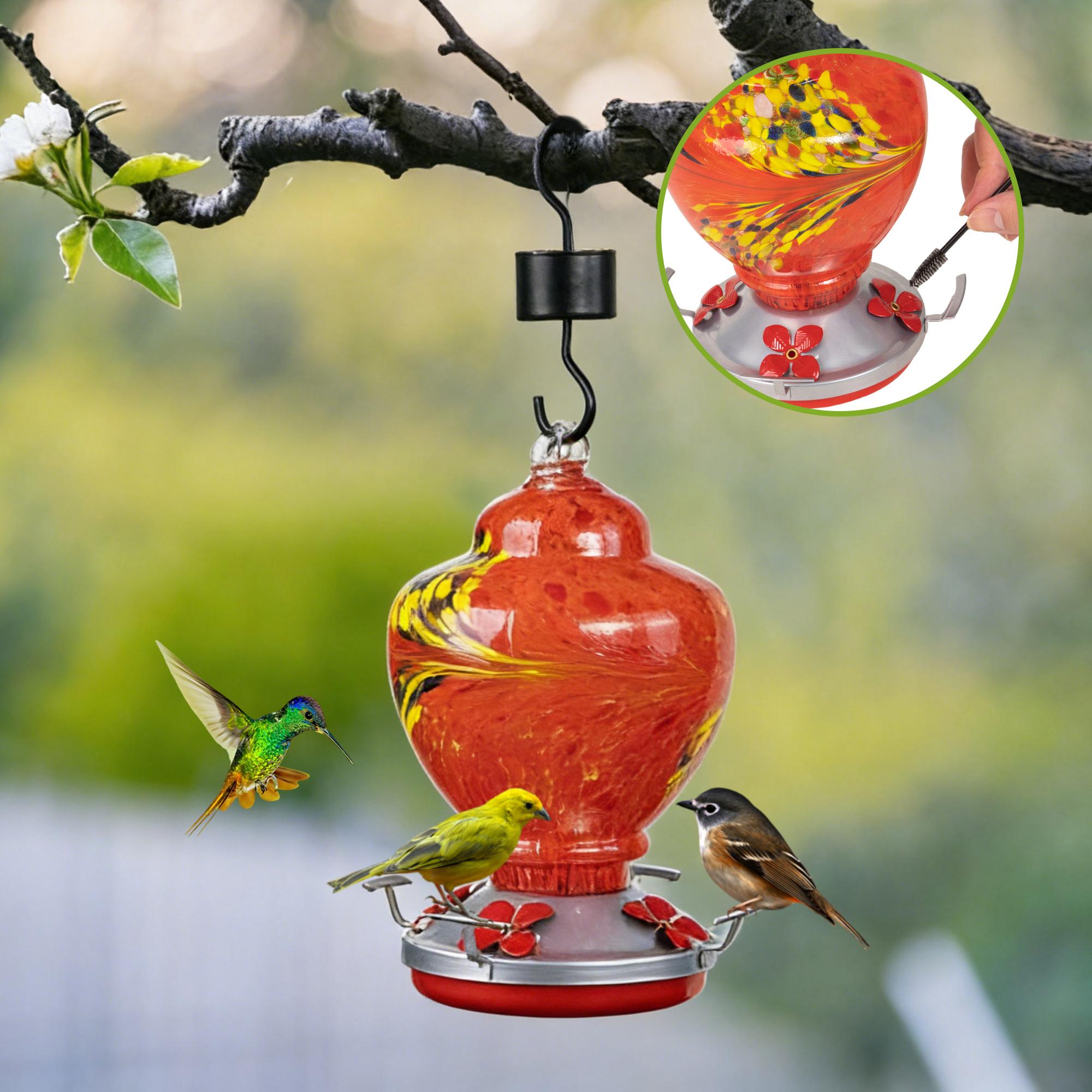 ennvaofficial outdoor garden large hummingbird feeder, 32-ounce colorful hand-blown glass hummingbird feeder, equipped with an anti-ant guard, hanging hook, rope, brush, and service card (red)