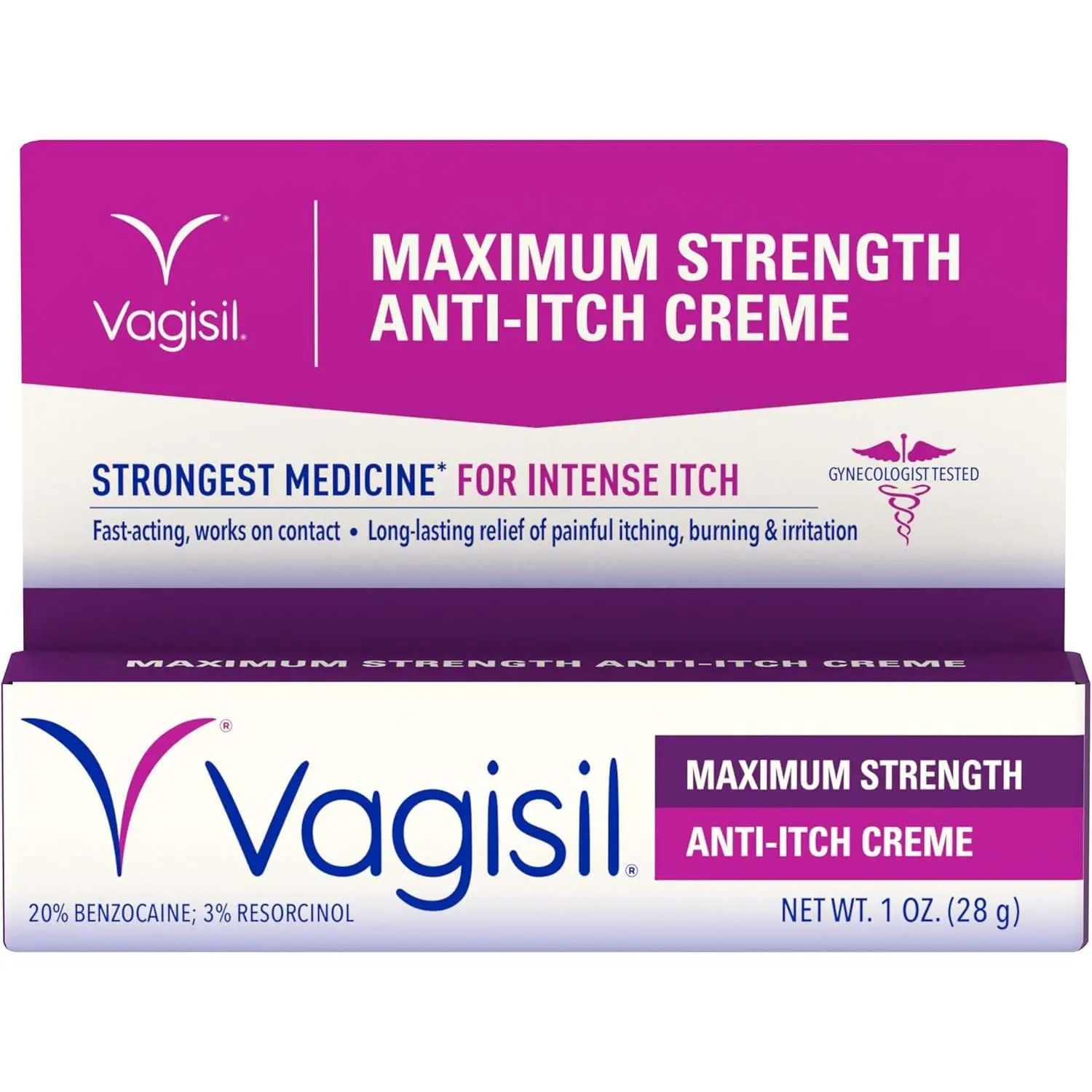 Vagisil Maximum Strength Feminine Anti-Itch Cream with Benzocaine for Women, Helps Relieve Yeast Infection Irritation, Gynecologist Tested, Fast-Acting, Soothes and Cools Skin, 1 oz