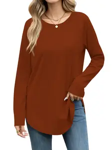 Women's Casual Raglan Long Sleeve Tunic Round Neck Curved Hem Loose Fit Basic T-Shirt Tops