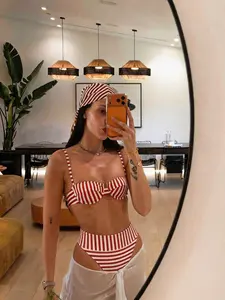 Women's Striped Push-Up Bikini Set, Striped Pattern, Fashionable High-Waisted Two-Piece Swimsuit, Casual Holiday Spa Beach Party Wear