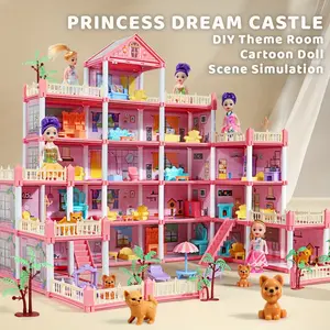 Pink Princess Castle DIY Dollhouse Set - Fully Furnished Pretend Play Toy House with Stairs, Slide & Accessories, Kids Girls Gifts For 3 4 5 6 Years