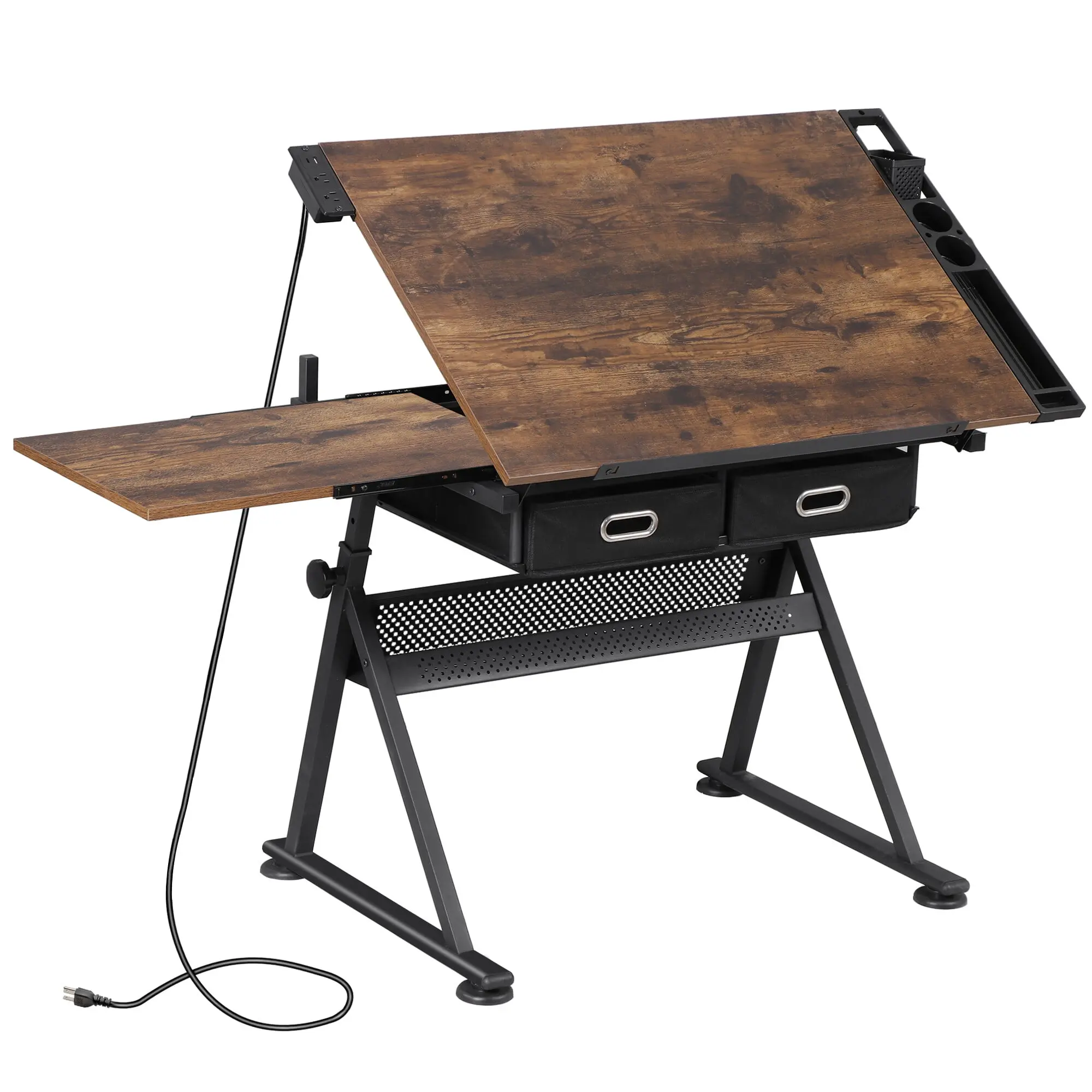 Segawe Height & Angle Adjustable Sit Stand Desk - Durable Steel-Wood Construction, Tiltable Tabletop, Sliding Desktop Drawers, Storage Drawer Platform, Dark Natural Finish Wood Workstation for Office Use,summerwins