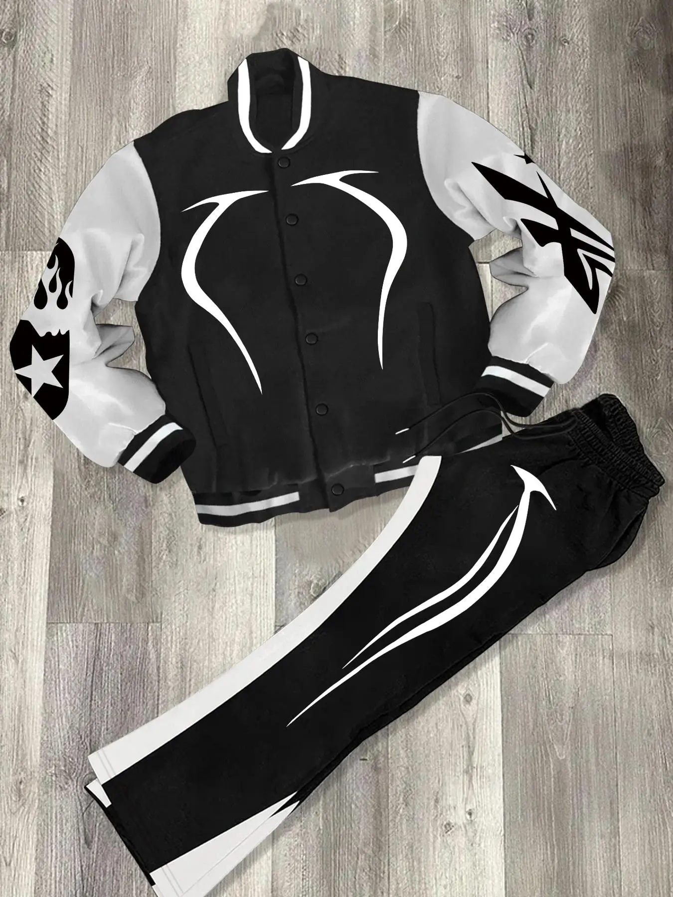 Men's Colorblock Graphic Print Baseball Jacket & Pants Two-piece Set, Loose Casual Street Style Two-piece Outfits for Fall & Winter, Men's Clothes for Daily Wear