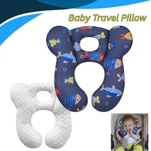 U-Shaped Newborn Baby Pillow – Soft Infant Head & Neck Support for Car Seat, Stroller & Travel | Cute Fish Dark Blue Baby Gift