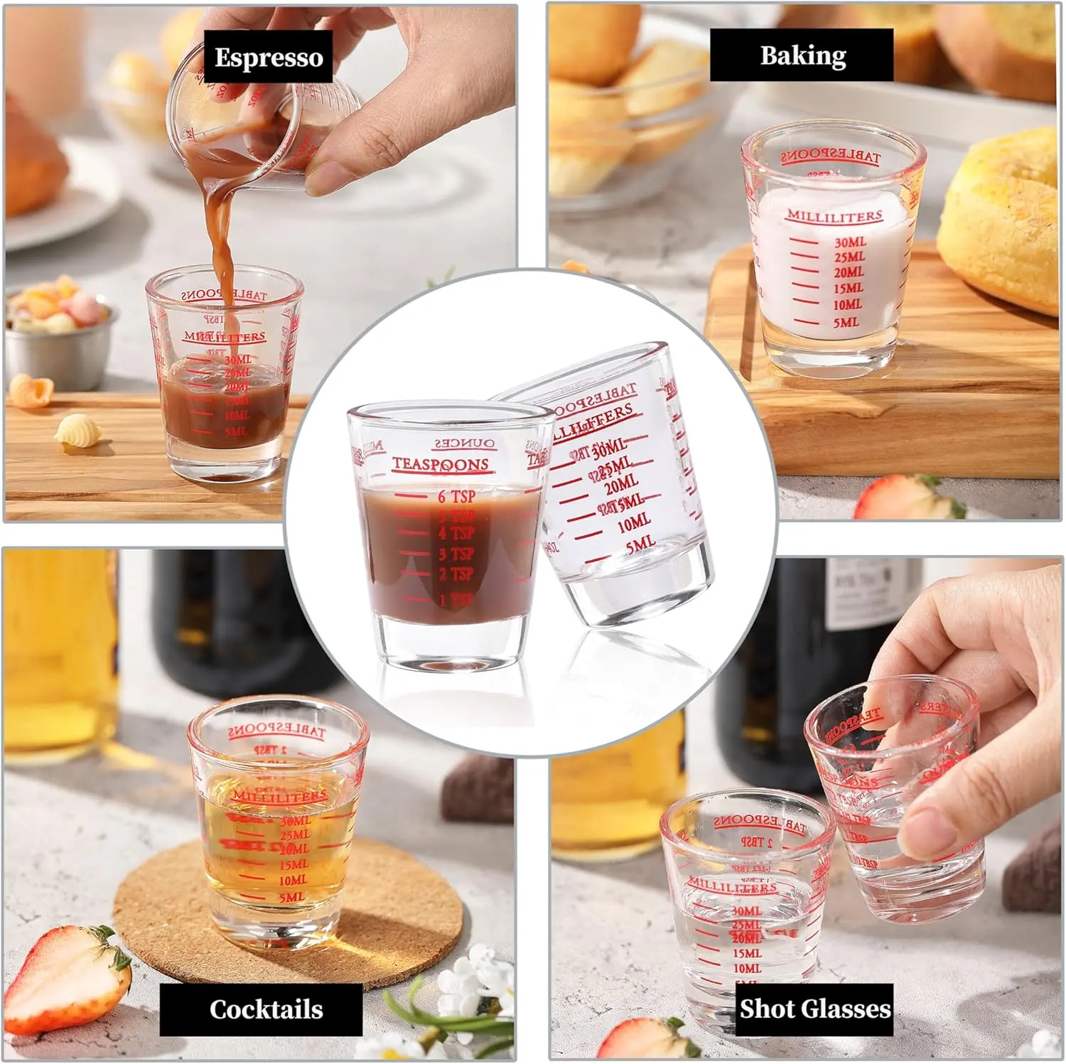 Shot Glass Measuring Cup, 2 count Measuring Shot Glasses, Thick Base Liquid  Measuring Cup for Espresso Shot Glass and Measuring Glass, Four Different  Units of Measure(1 OZ, 2 TBS, 6 TSP, 30 ML) - TikTok Shop