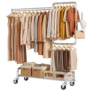 SOLEDI Heavy Duty Partitioned Clothes Rack, 460 LBS Load Metal Garment Rack with Shelves & Lockable Wheels, Rolling Hanging Rack for Bedroom, Laundry Room, Store & Garage (Silver),clothing valet stand,home stuff sturdy frame