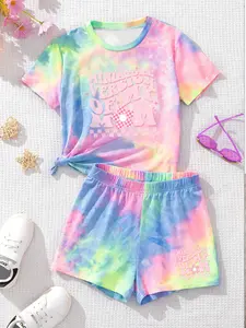 Girls' Letter Print Tie Dye Set, Rainbow Gradient Short Sleeve + Shorts, Summer Fashion Two-Piece, Kids Clothing, Summer Outfits Set