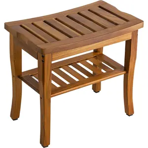 Teak Shower Bench,  Bath Shower Stool with Storage Shelf, Wooden Seat Stool for Bathroom