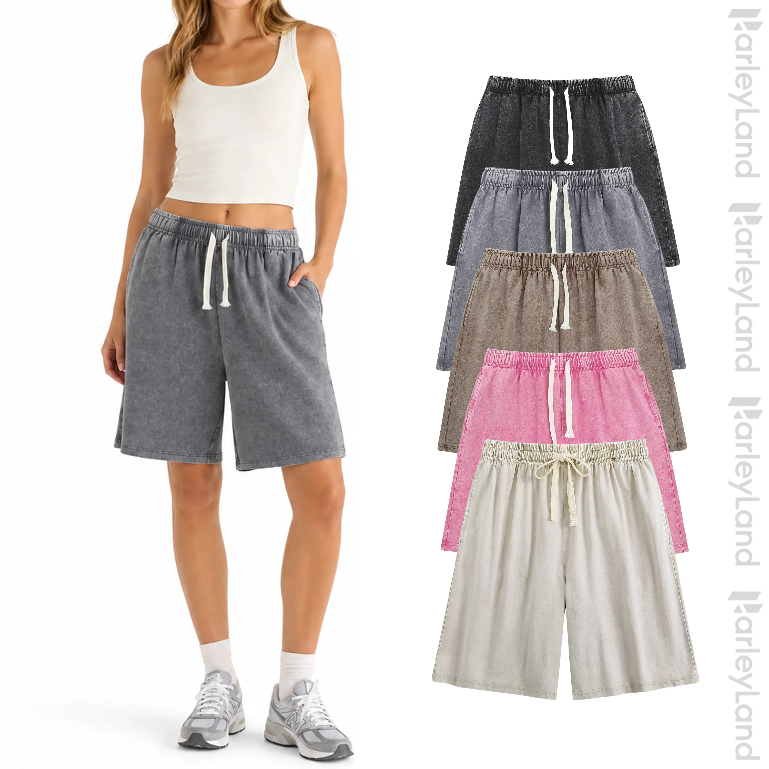 HarlyLand Women’s Acid Wash Cotton Shorts Soft Breathable Loose Fit Casual Summer Shorts with Pockets for Lounge Beach Vacation and Everyday Wear