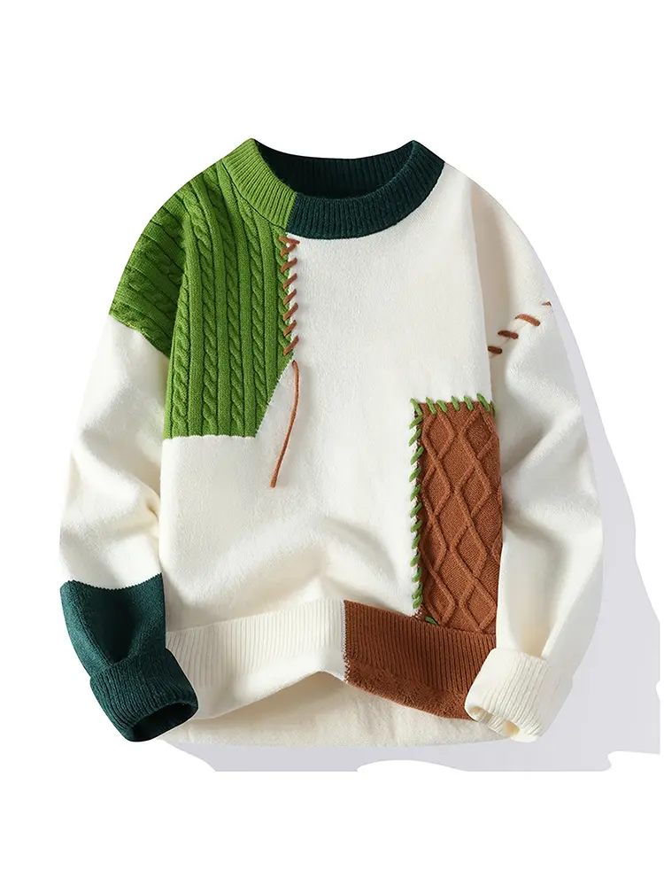 Men's Crewneck Long-Sleeve Knit Sweater - Acrylic Blend Thermal Knitwear, Casual Pullovers, New Autumn/Winter Color-Block Menswear Top, Couples' Matching Set
