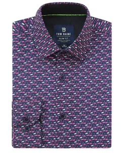 Men's Slim Fit Performance Long Sleeve Printed Shirt Pink Navy
